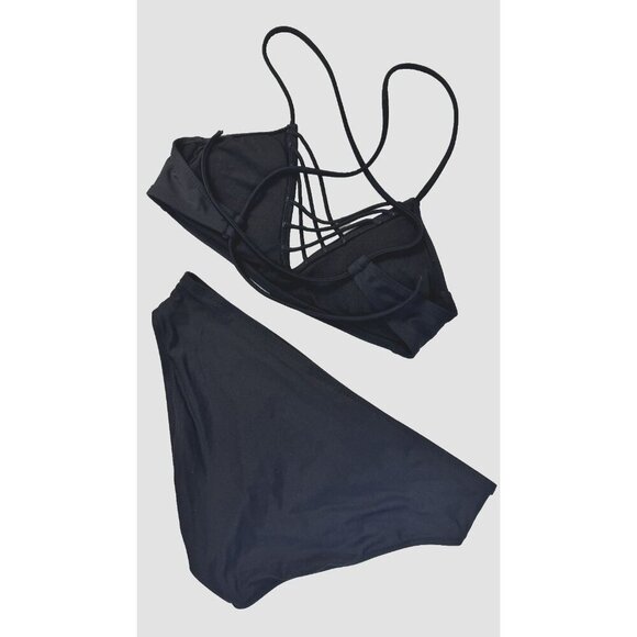 Black Bikini Set M Strappy Top Low-Rise Bottom Y2K Festival Swimwear Cool - Picture 2 of 11